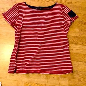 ralph lauren red, white, and navy striped shirt